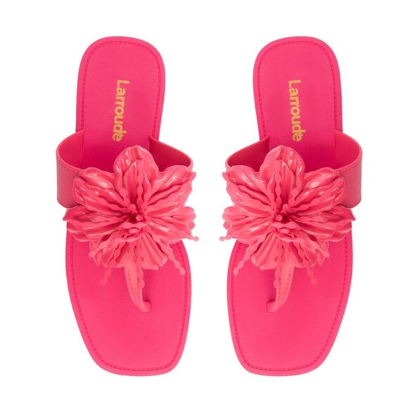 LARROUDE Hibiscus Pink Floral Flip Flop Sandals Size 8/9 EU 39 NEW without box - Picture 1 of 4